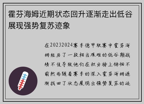 霍芬海姆近期状态回升逐渐走出低谷展现强势复苏迹象